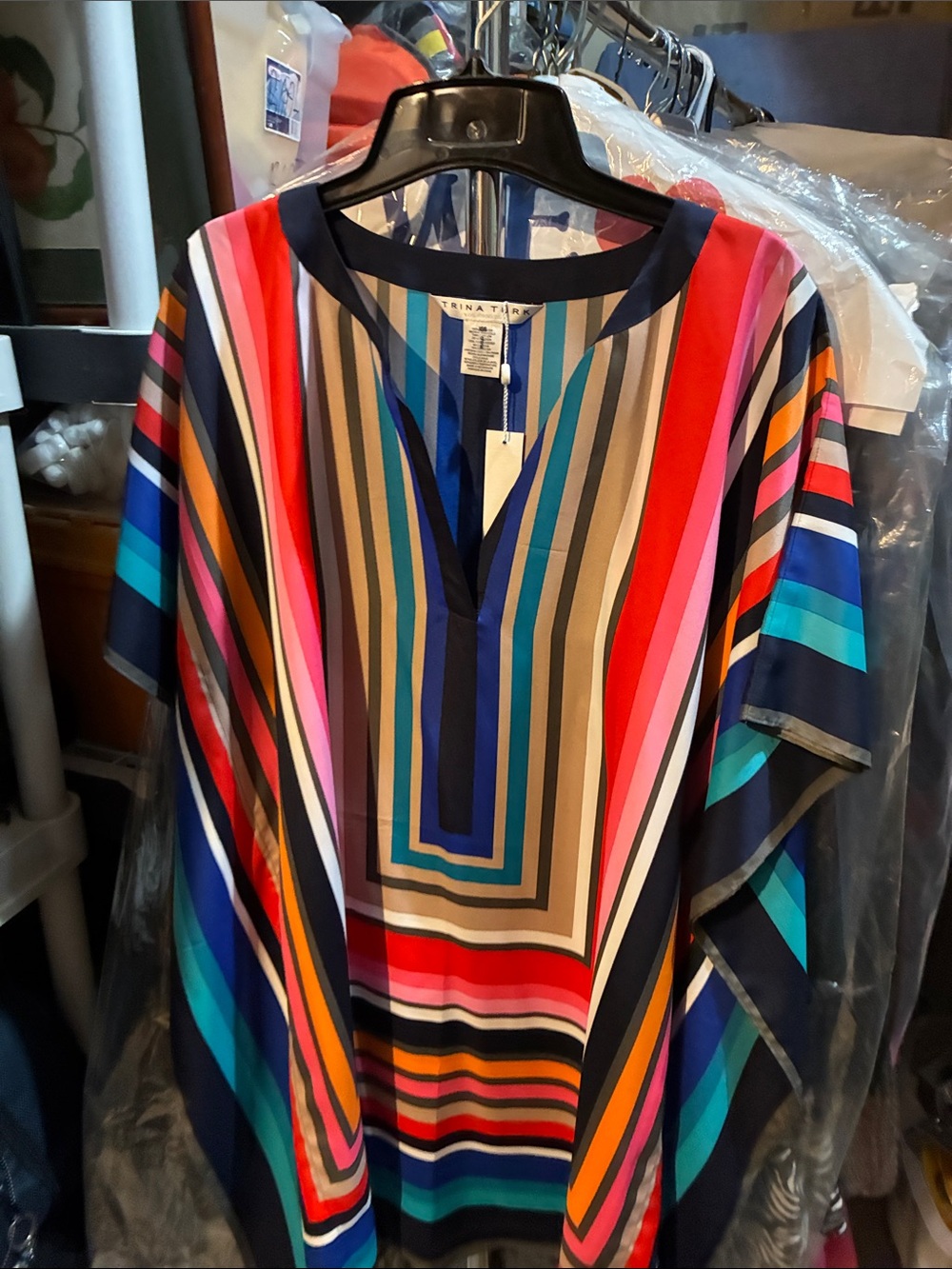Trina Turk Bold Multicolor Striped Polo Top in Navy, Turquoise, Pink, Red, Tan